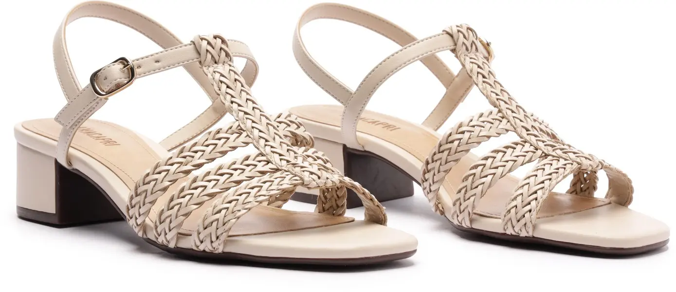 White Braided T-Strap Block Heel Leather Sandals 5 Image
