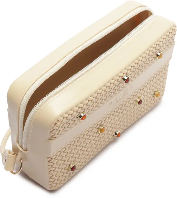 Beige Woven-Texture Pouch Bag with Gemstone Studs 1 Image