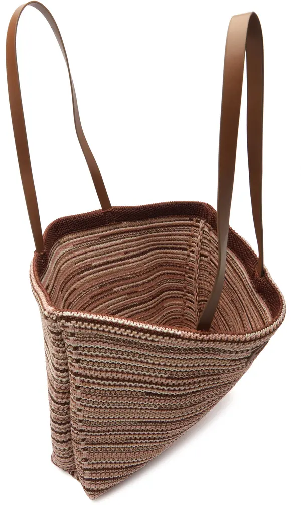 Multicolor Striped Knit Tote Bag with Brown Straps 1 Image
