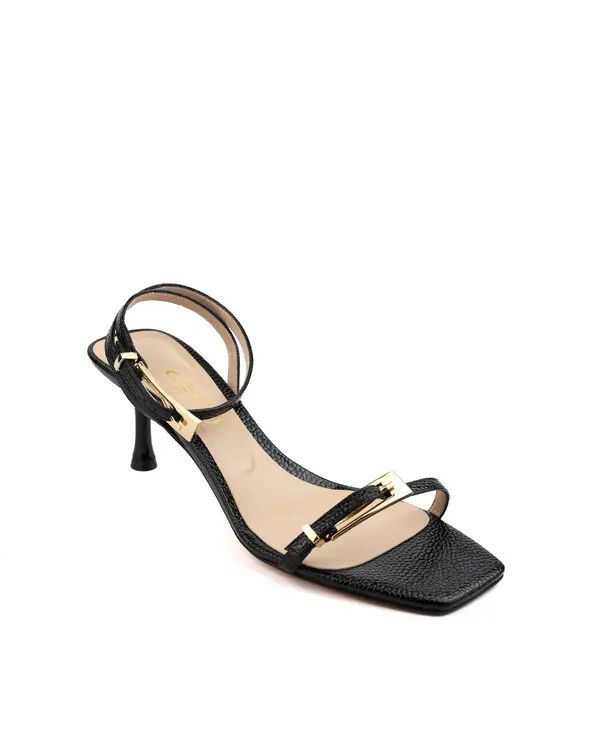 Pebble-Grain Leather Square Toe Sandals with Gold Buckle Hardware 1 Image