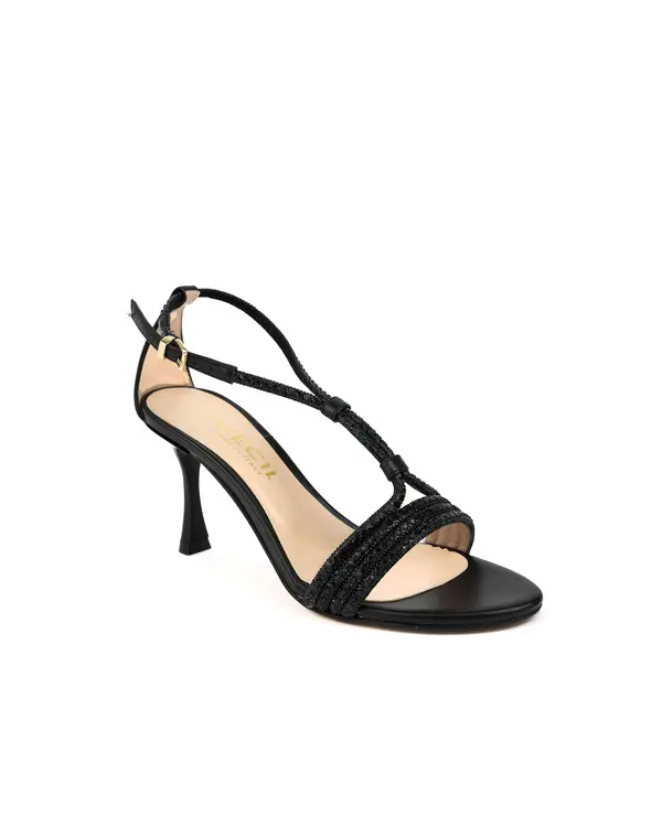 Shimmering Micro-Beaded T-Strap Heeled Sandals 1 Image