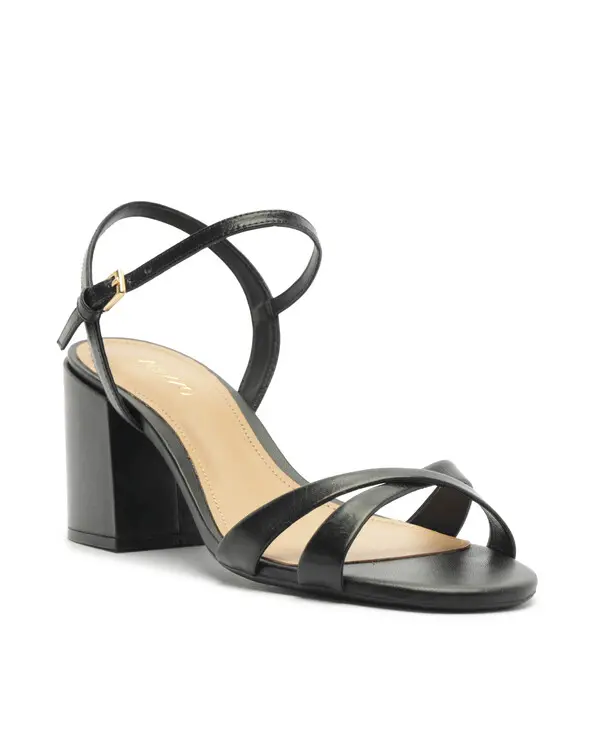 Black Leather Block Heel Sandal with Thin Straps 2 Image
