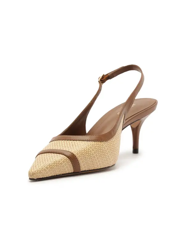 Raffia and Cognac Leather Slingback Heeled Pump 2 Image