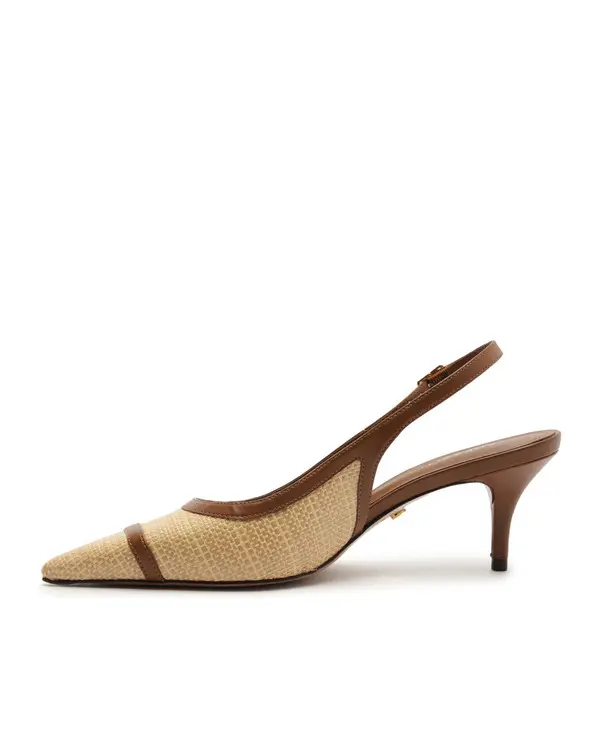 Raffia and Cognac Leather Slingback Heeled Pump 3 Image