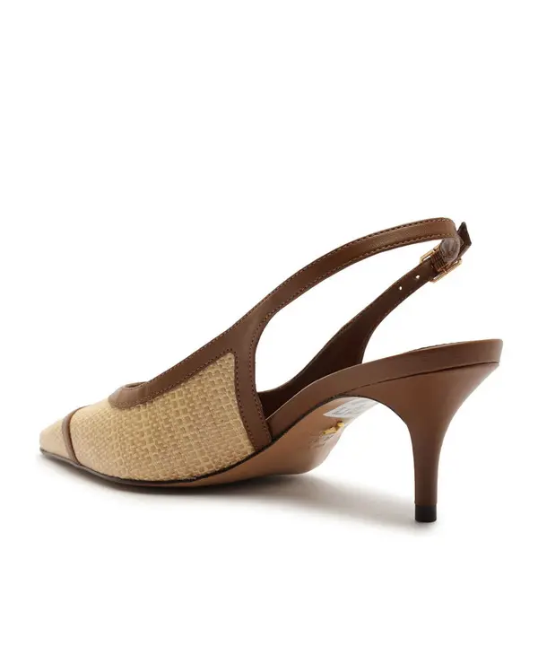 Raffia and Cognac Leather Slingback Heeled Pump 4 Image