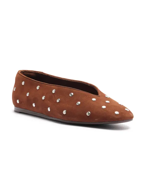 Brown Suede V-Shaped Ballerina with Rivets 1 Image