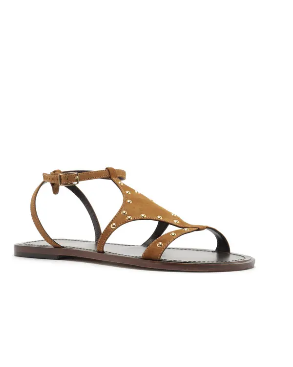 Brown Studded Suede Flat Sandal with Cutout 1 Image