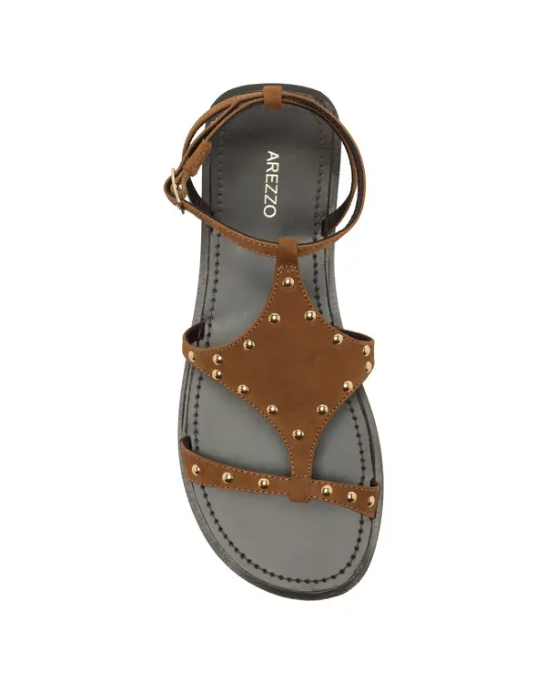 Brown Studded Suede Flat Sandal with Cutout 3 Image