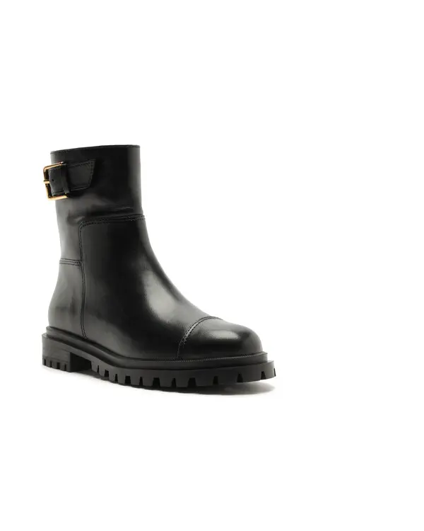 Black Leather Ankle Boot with Lug Sole and Buckle 1 Image