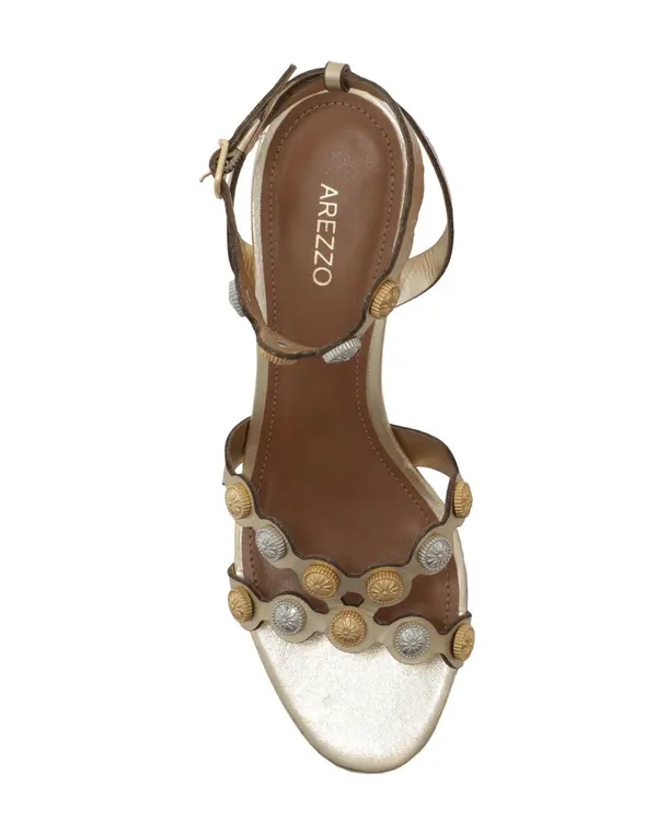 Gold Leather Sandal with Medium Heel and Metal Circles 2 Image