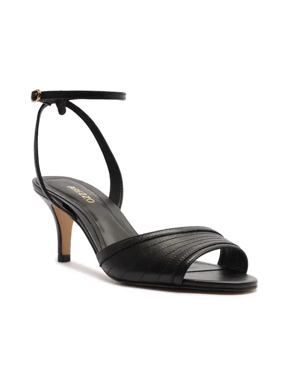Black Pleated Ankle-Strap Kitten Heel Sandal 1 Image
