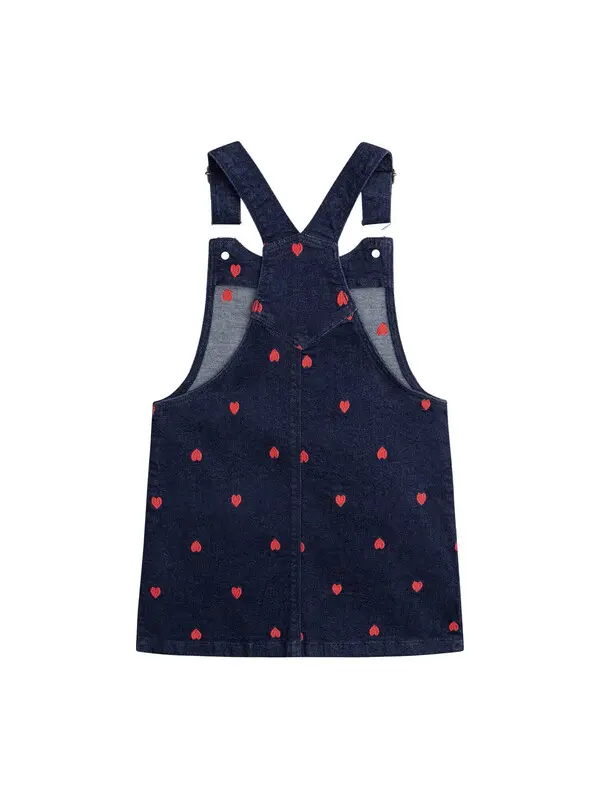 Kids Girls Denim Pinafore Dress With Red Heart Embroidery 1 Image
