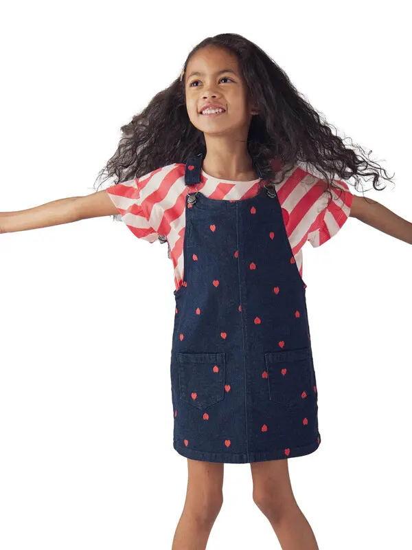 Kids Girls Denim Pinafore Dress With Red Heart Embroidery 2 Image
