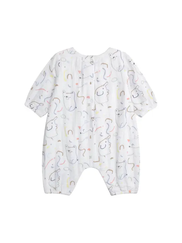 Kids Baby Neutral Muslin Romper With Pastel Animal Print 1 Image