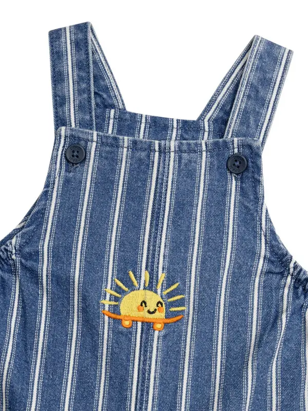 Kids Baby Boy Blue & White Striped Denim Overalls with Sun Embroidery 2 Image