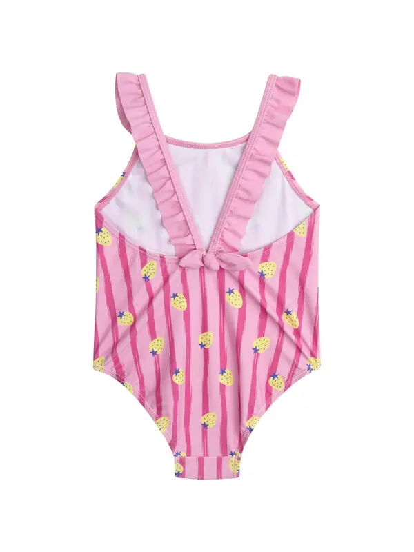 One-piece Striped Pink Swimsuit with Strawberries Prints 2 Image