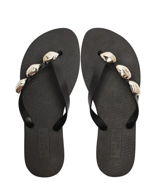 Black Flip Flops with Gold Shell-Shaped Studs 1 Image
