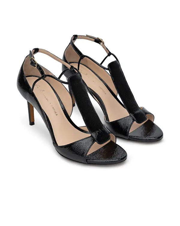 Crinkled Patent Leather T-Strap High Heel  Sandals 1 Image