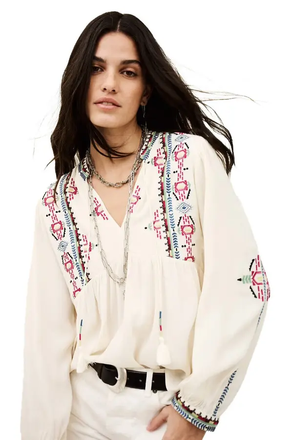 Embroidered Peasant Blouse with Tassel Ties and Long Sleeves 1 Image