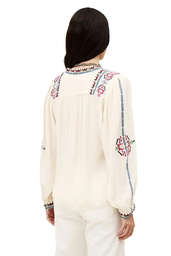 Embroidered Peasant Blouse with Tassel Ties and Long Sleeves 2 Image