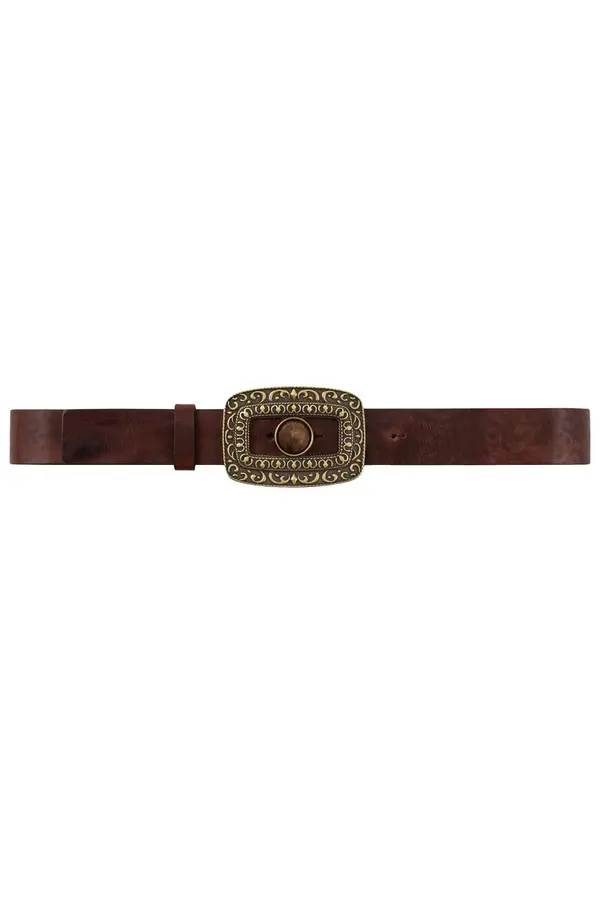Boho-Chic Ornate Buckle Leather Belt with Center Stone 1 Image