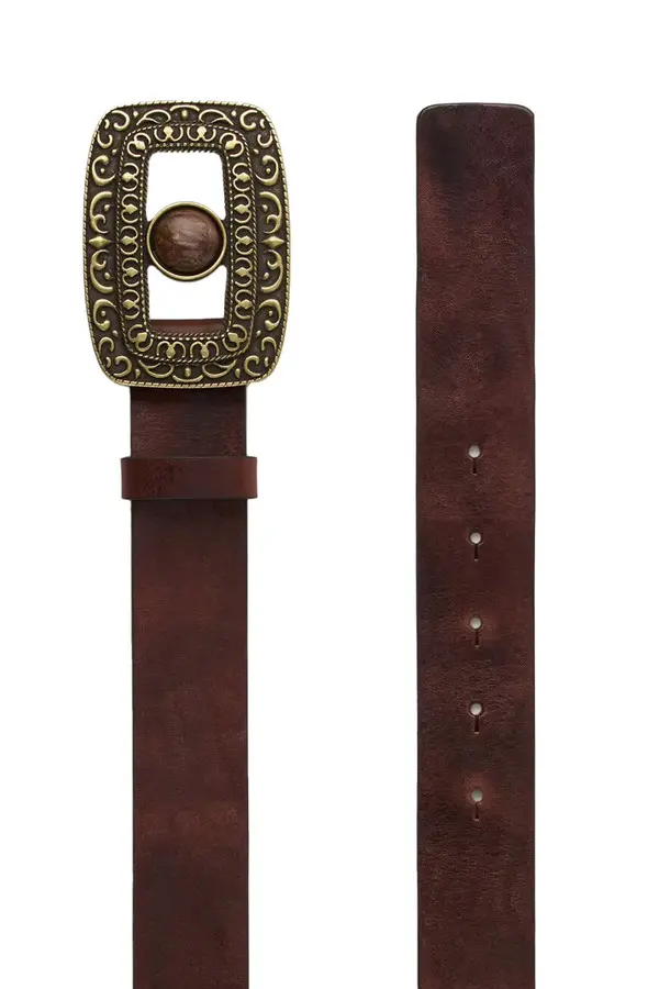 Boho-Chic Ornate Buckle Leather Belt with Center Stone 2 Image