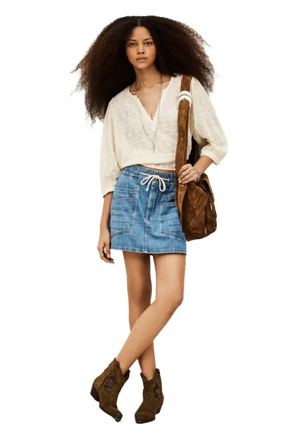 Utility Denim Skirt with Oversized Patch Pockets and Rope Tie 1 Image