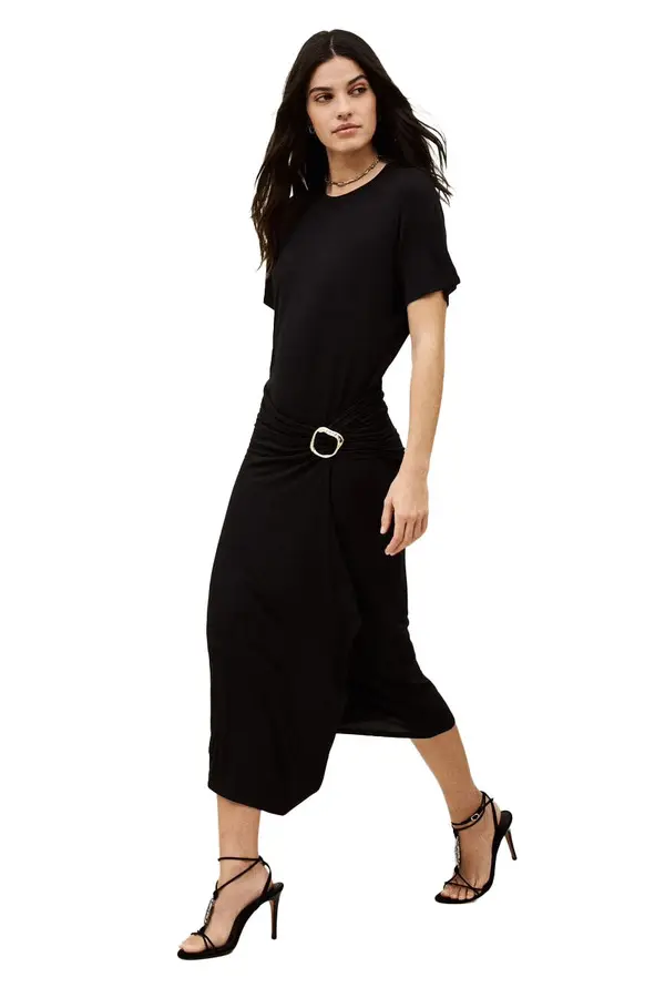 Short-Sleeve Midi Dress with Ruched Side and Buckle Detail 1 Image