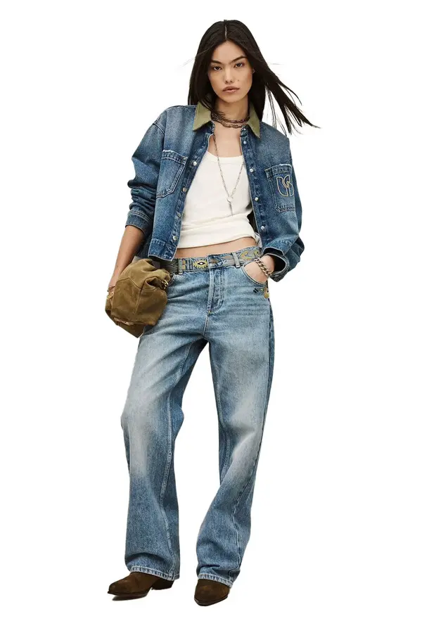 Straight-Leg Jeans with Embroidered Waistband and Pocket Detail 1 Image