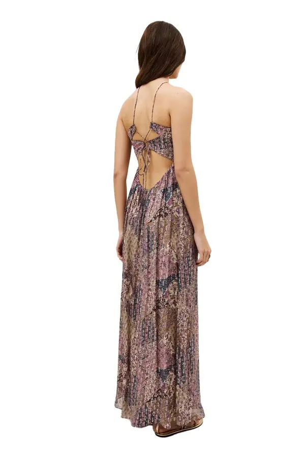 Bohemian Metallic Patchwork Maxi Dress with Ruched Bodice 2 Image