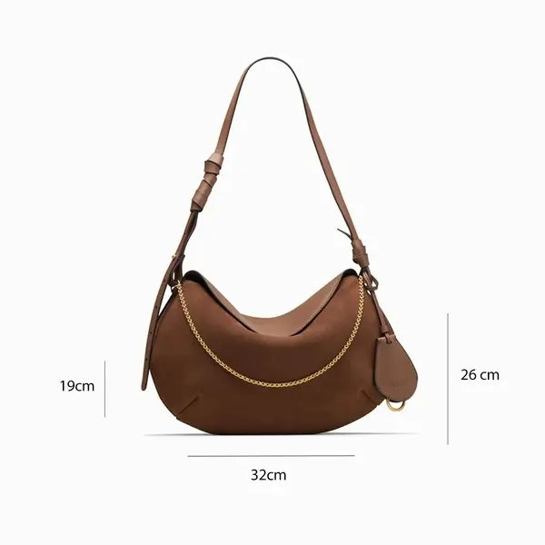 Taupe Leather Crescent Shoulder Bagwith Gold Chain Detail 2 Image