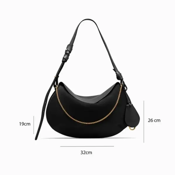 Black Leather Crescent Shoulder Bagwith Gold Chain Detail 1 Image