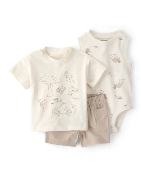Kids Baby Boy 3-Piece Into The Wild Top, Bodysuit & Short Set - Ivory&Brown 2 Image