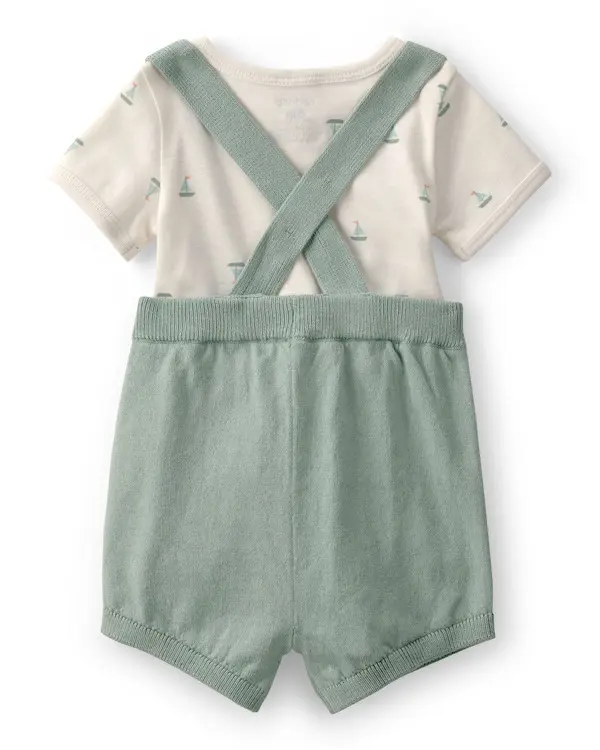 Kids Baby Boy 2-Piece Sailboat Overall Set - Green&Ivory 4 Image