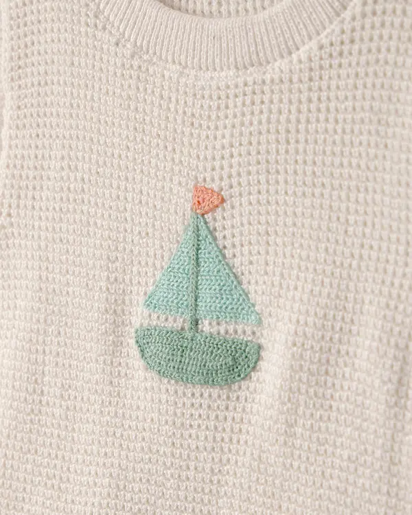 Kids Baby Boy 2-Piece Sailboat Crochet Top & Short Set - Cream 1 Image