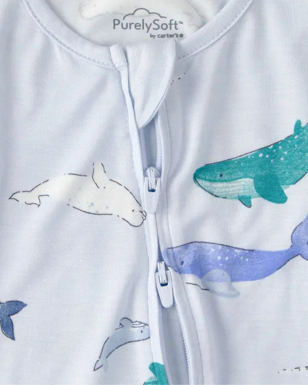 Kids Baby Boy Whale PurelySoft 2-Way Zip Snug Fit Sleep & Play Pajamas - Blue 3 Image