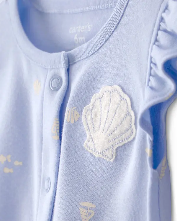 Baby Girl Shell Flutter Sleeve Romper - Blue 2 Image