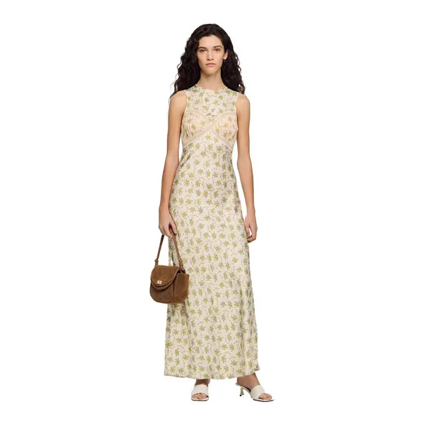 Sleeveless Flower Print Maxi Dress with Lace Trim 1 Image