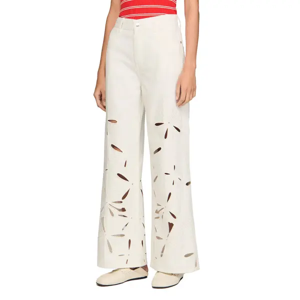 High Waist Wide-Leg Embroidered Laser Cut Jeans 1 Image