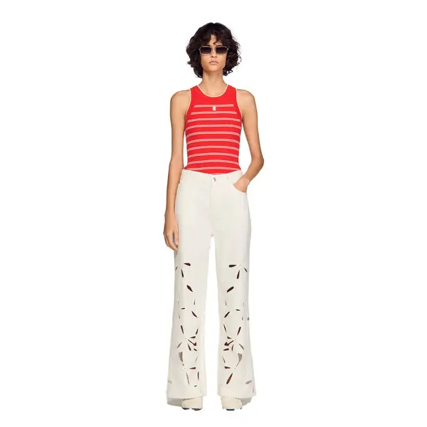 High Waist Wide-Leg Embroidered Laser Cut Jeans 2 Image