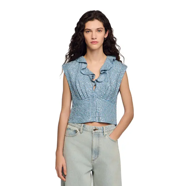 Striped Sequin Crop Top with a Ruffled V-neckline 1 Image