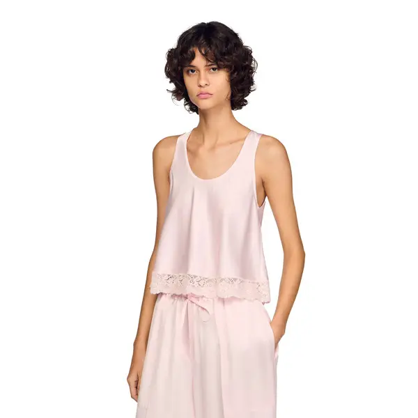 Flowing Satin Round Neck Top With Lace 4 Image