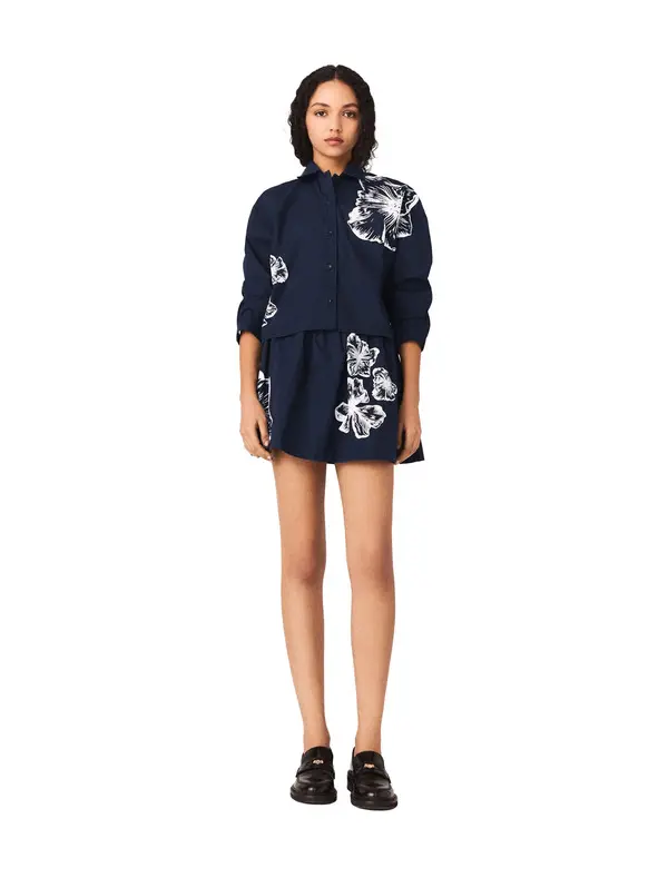 Cropped Cotton Long Sleeves Shirt with Floral Motif 1 Image