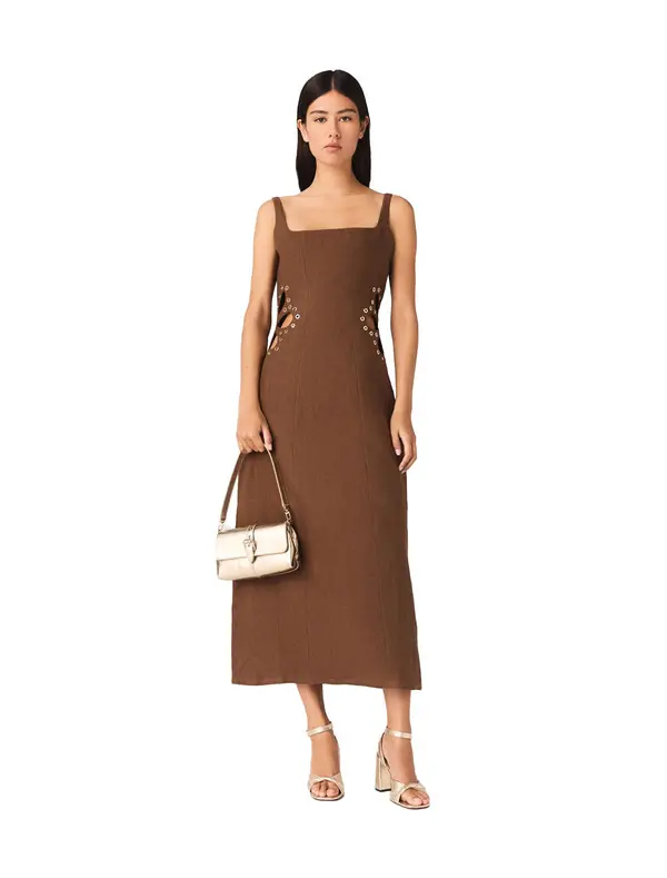 Linen Blend Midi Dress with Floral Cut-outs 1 Image