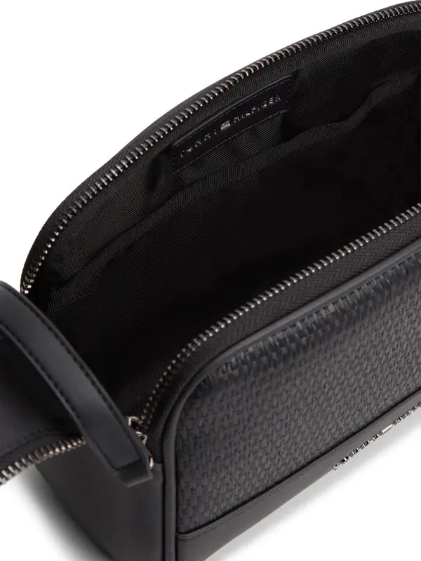 Pebbled Leather Washbag with Metal Logo & Woven Details 1 Image