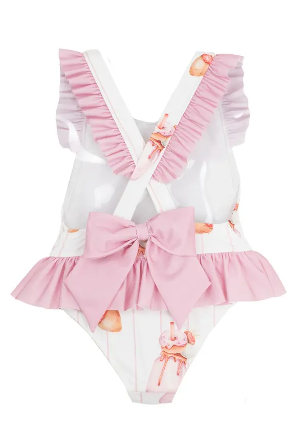 Kids Pink Bow Saona and Heart Print Ruffle One Piece Swimsuit 1 Image