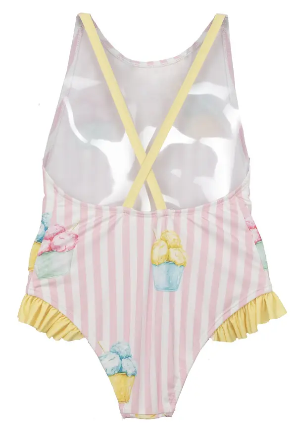 Kids Striped Ice Cream Print Swimsuit With Yellow Ruffle Trim 1 Image