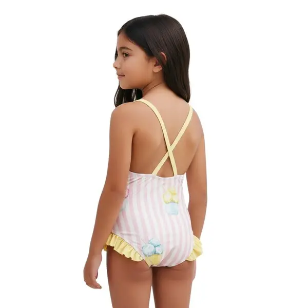 Kids Striped Ice Cream Print Swimsuit With Yellow Ruffle Trim 3 Image