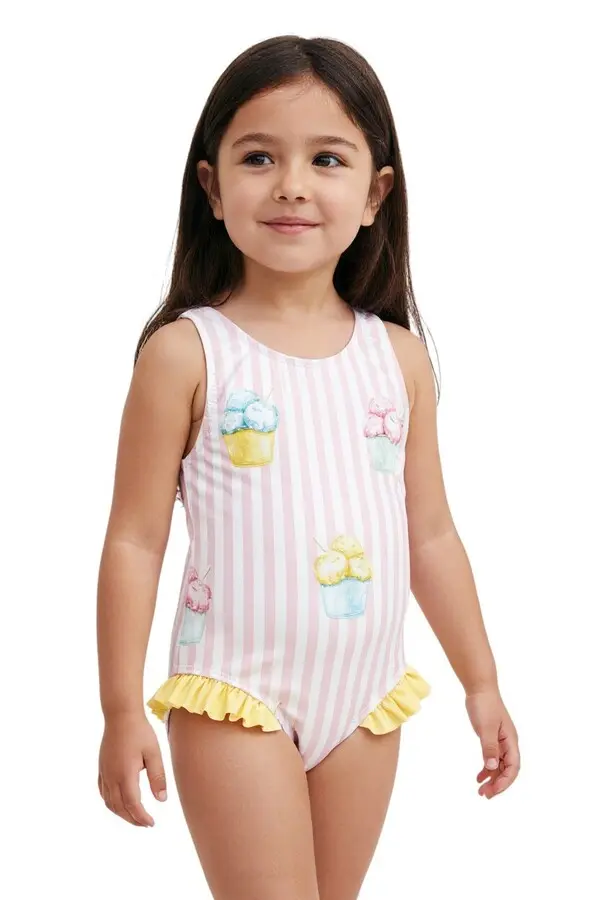 Kids Striped Ice Cream Print Swimsuit With Yellow Ruffle Trim 2 Image