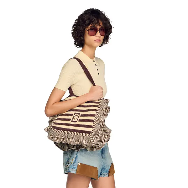 Striped Crochet Shoulder Bag with Ruffles Design 1 Image